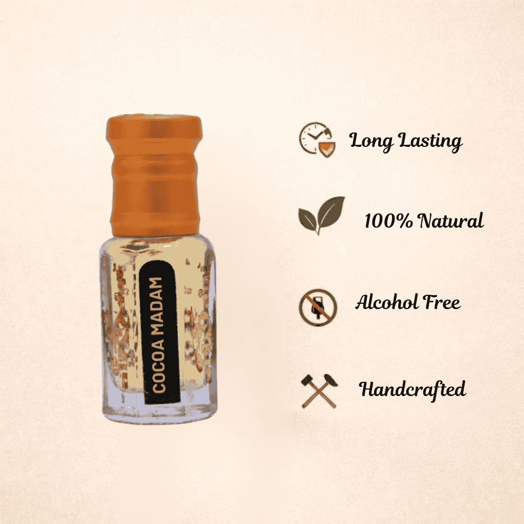 Small bottle of perfume with 'Coco Madam' label on a beige background with product features listed.