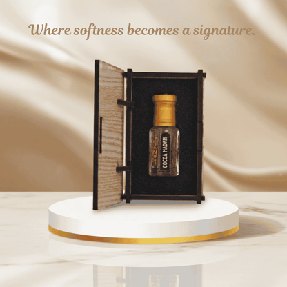 Cocoa butter bar in a decorative box with a soft beige background