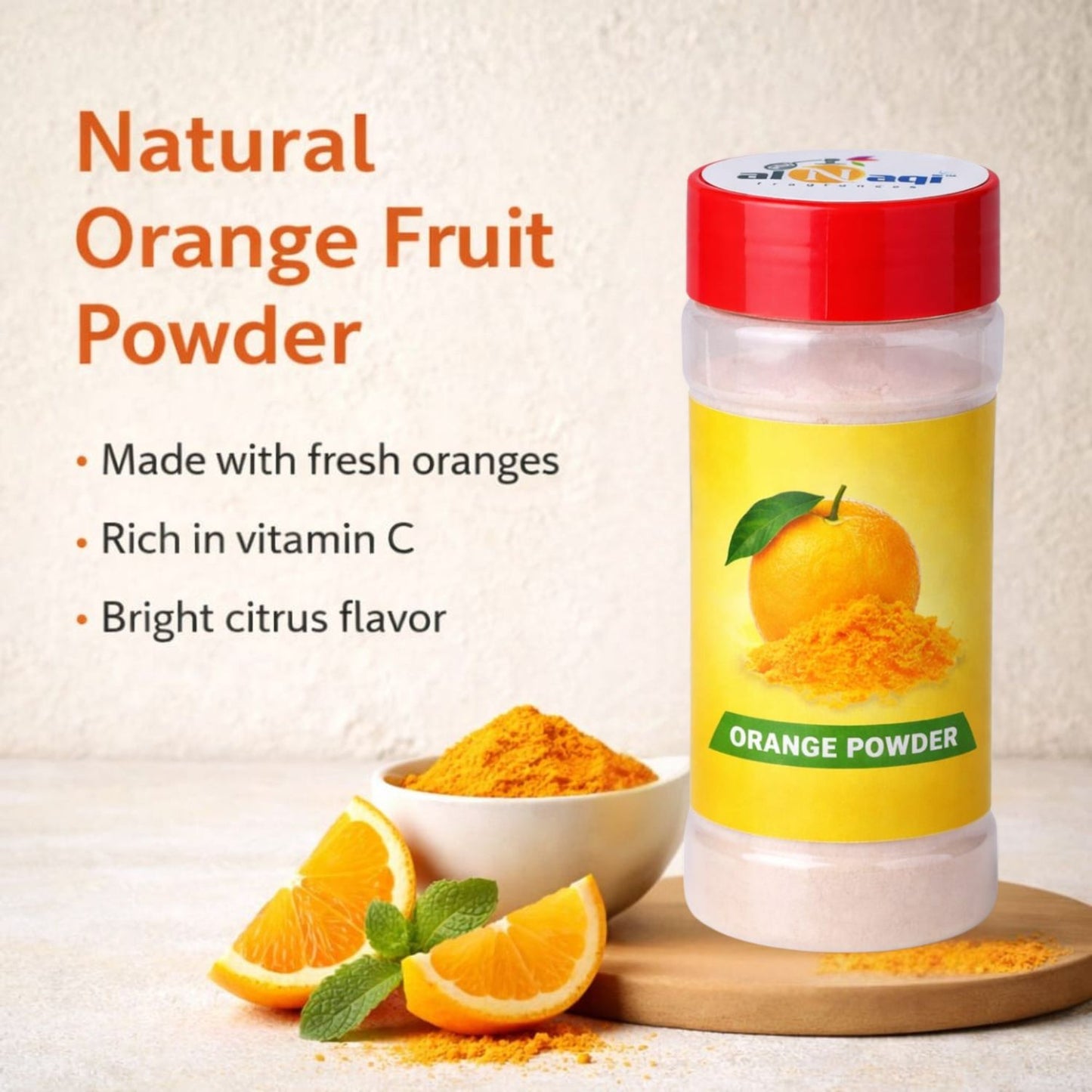 Bottle of orange fruit powder with oranges and a bowl of powder on a light background