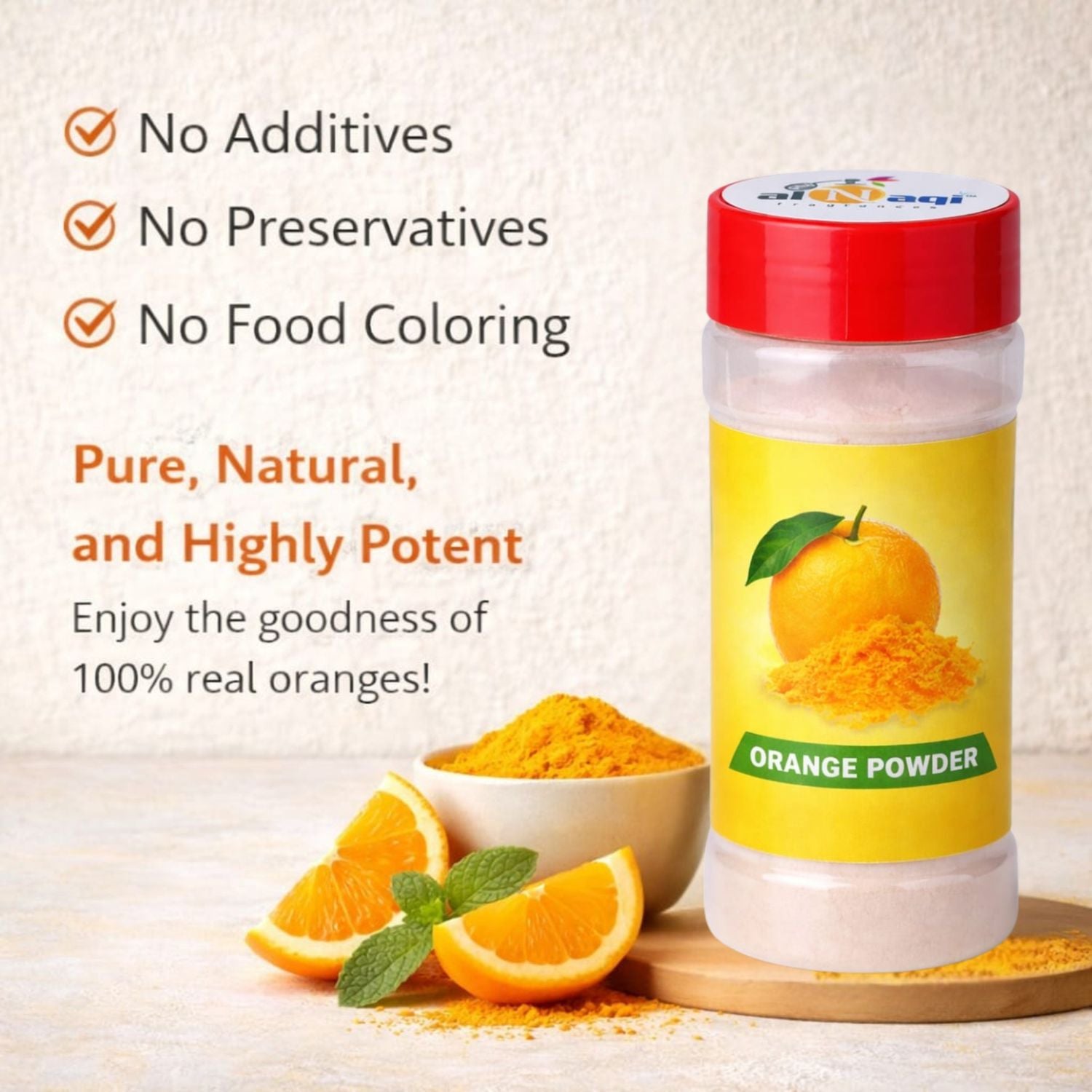 Bottle of orange powder with ingredients listed and a focus on purity and naturalness.