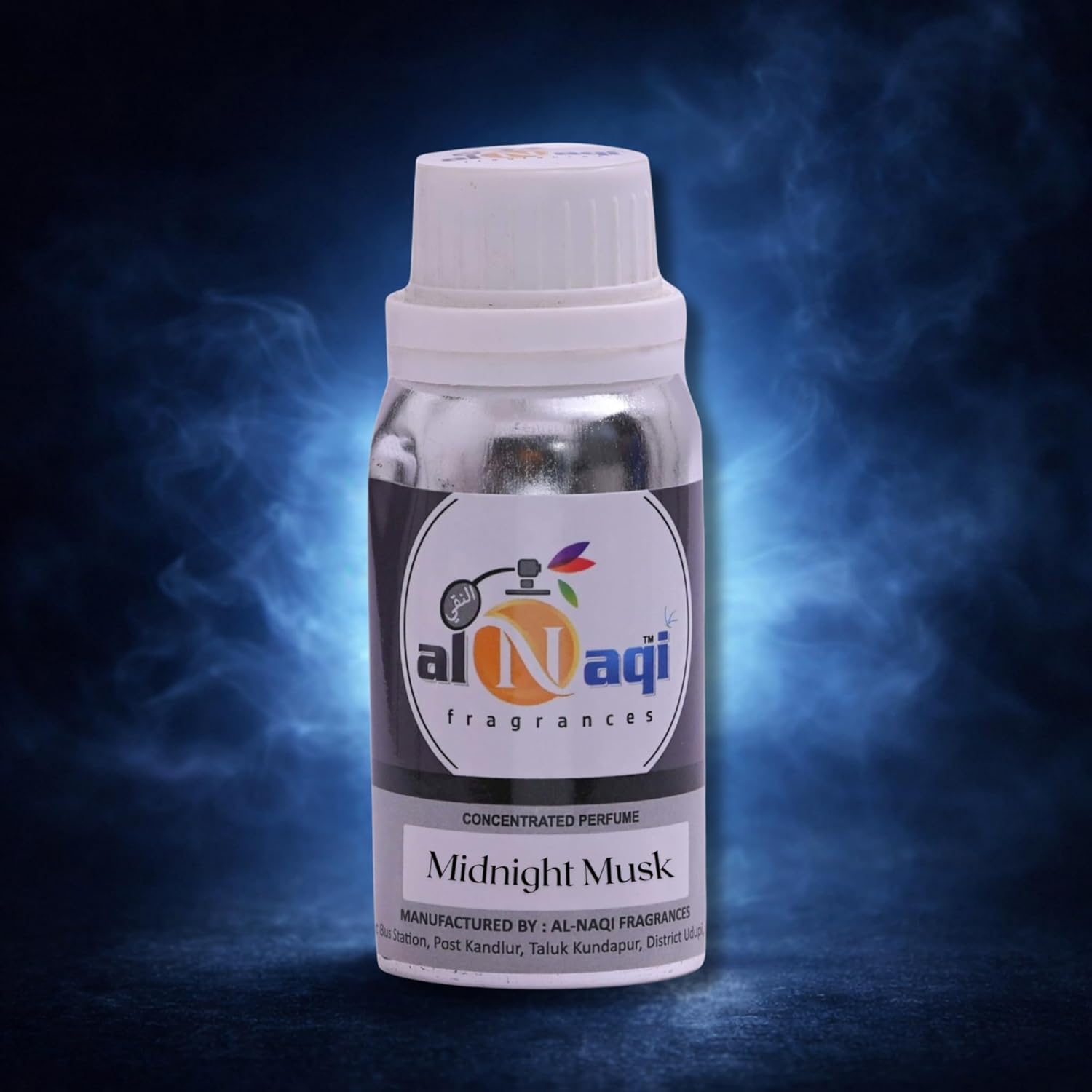 Bottle of Midnight Musk perfume by Al-Naqi on a dark blue background