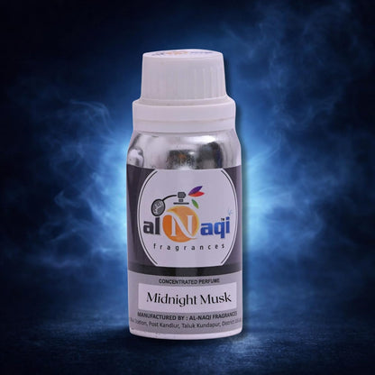 Bottle of Midnight Musk perfume by Al-Naqi on a dark blue background