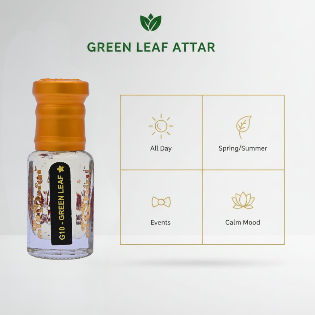 Fragrance green attar featuring a crisp and refreshing scent profile