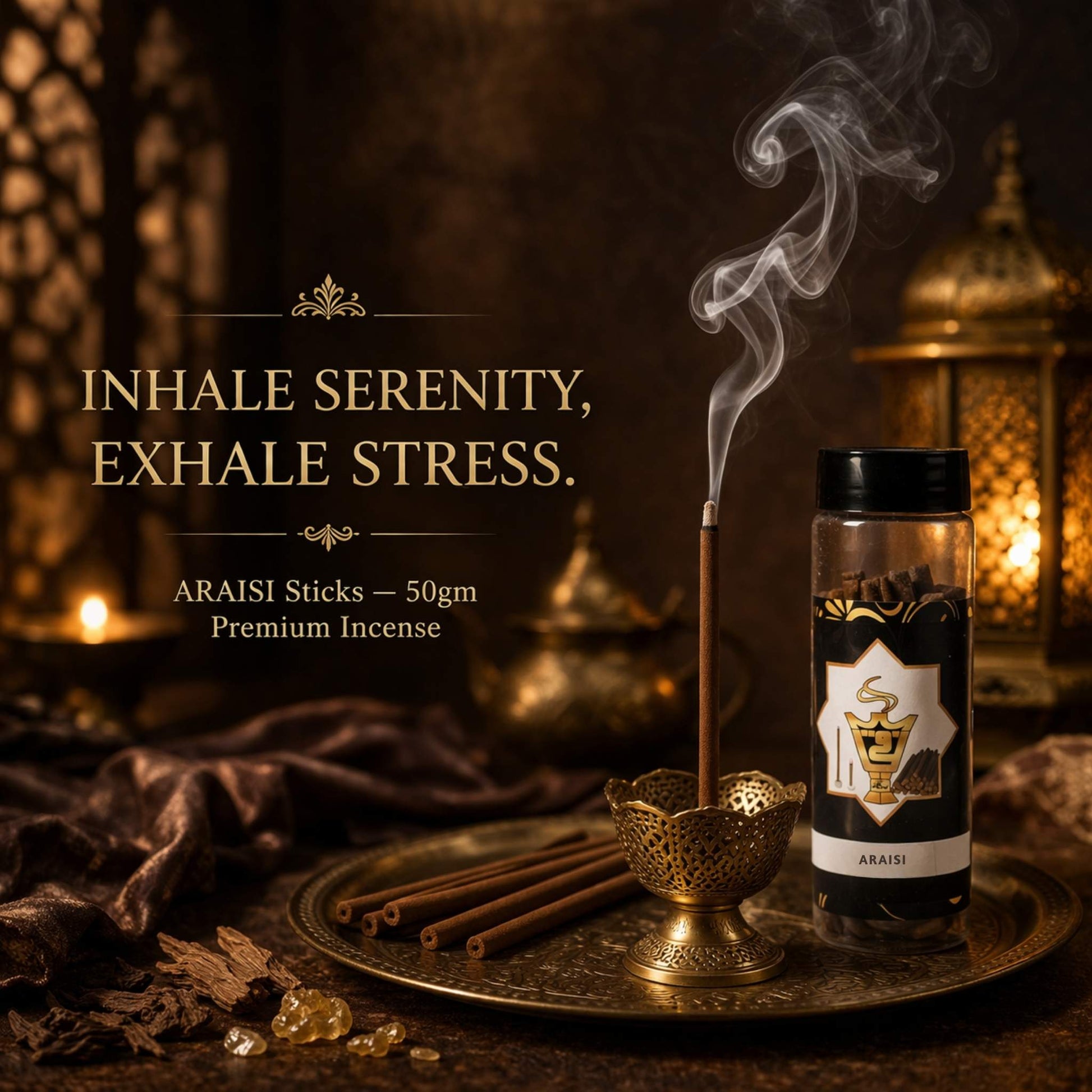 Araisi incense stick with smoke on a dark background, featuring text 'Inhale Serenity, Exhale Stress'.