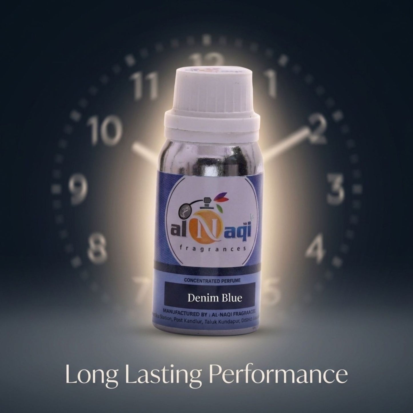 Bottle of Al-Naqi Denim Blue perfume with a clock in the background