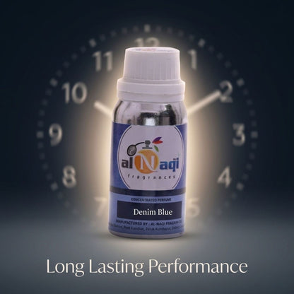 Bottle of Al-Naqi Denim Blue perfume with a clock in the background