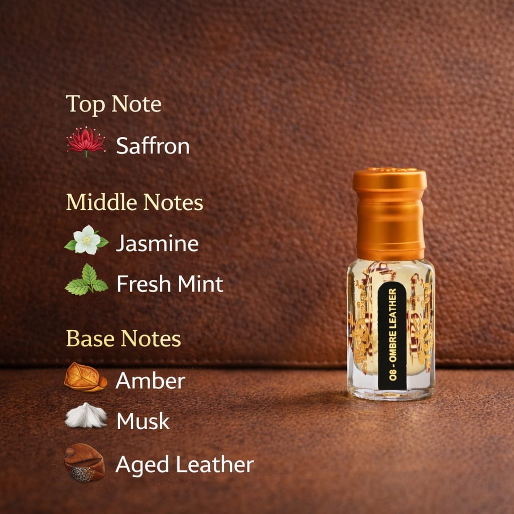 Perfume bottle with notes description on a brown leather background