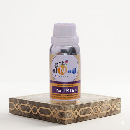 Bottle of Al-Naqi fragrances on a decorative stand with a white background