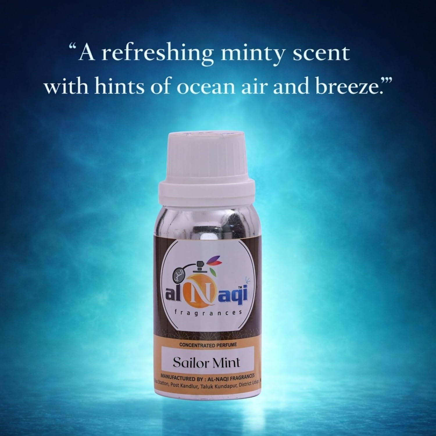 Bottle of al-Naqi fragrances Sailor Mint perfume on a blue gradient background with text about scent description.