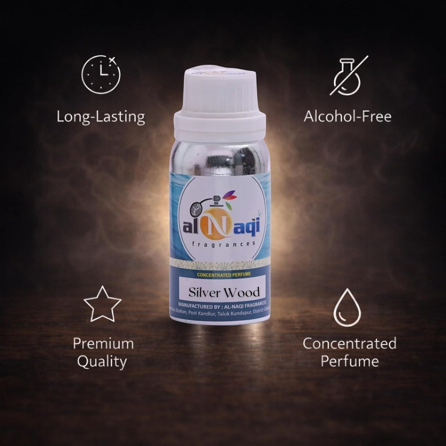 Perfume bottle with 'al-Naqi' branding on a dark background