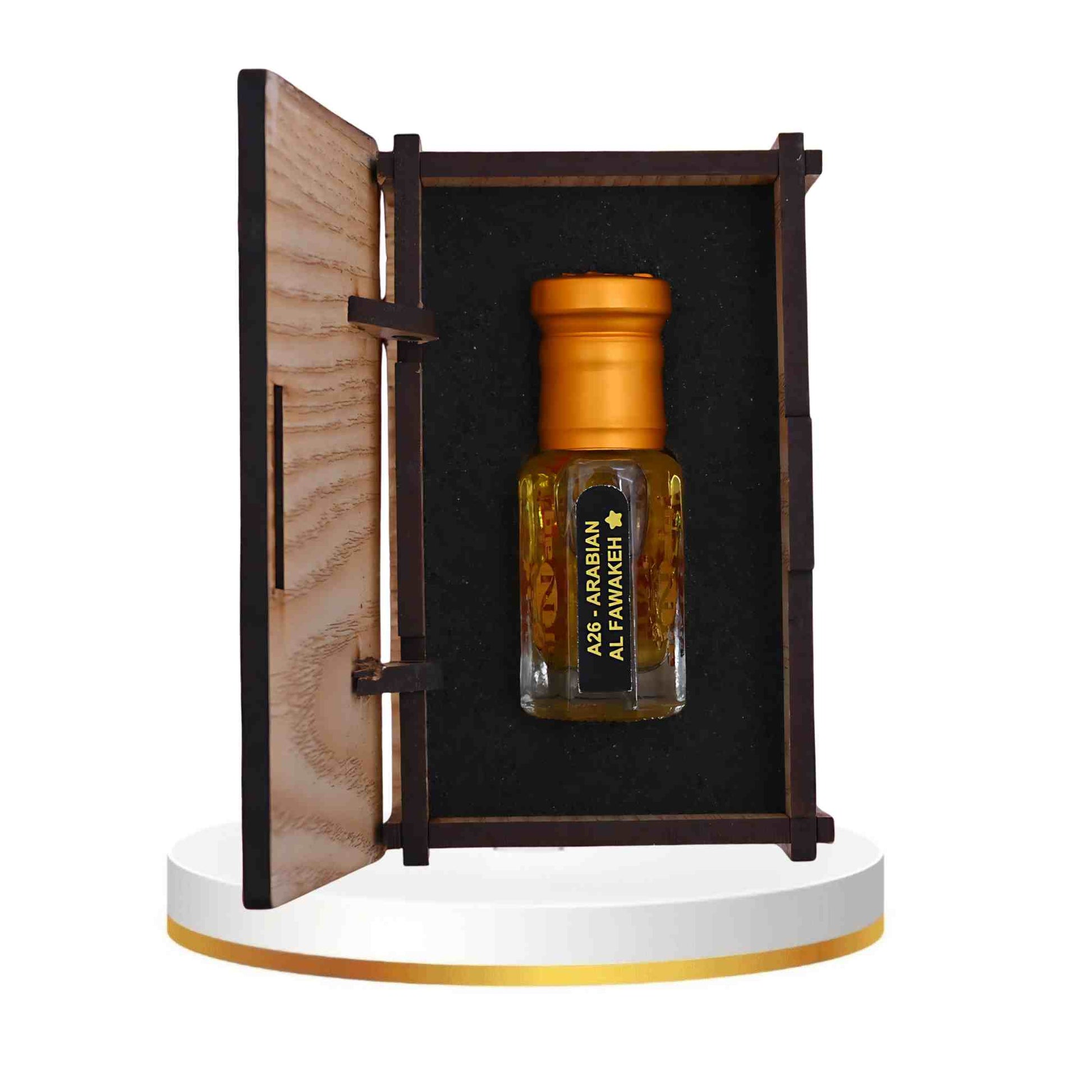 Perfume bottle in a wooden display case on a white background