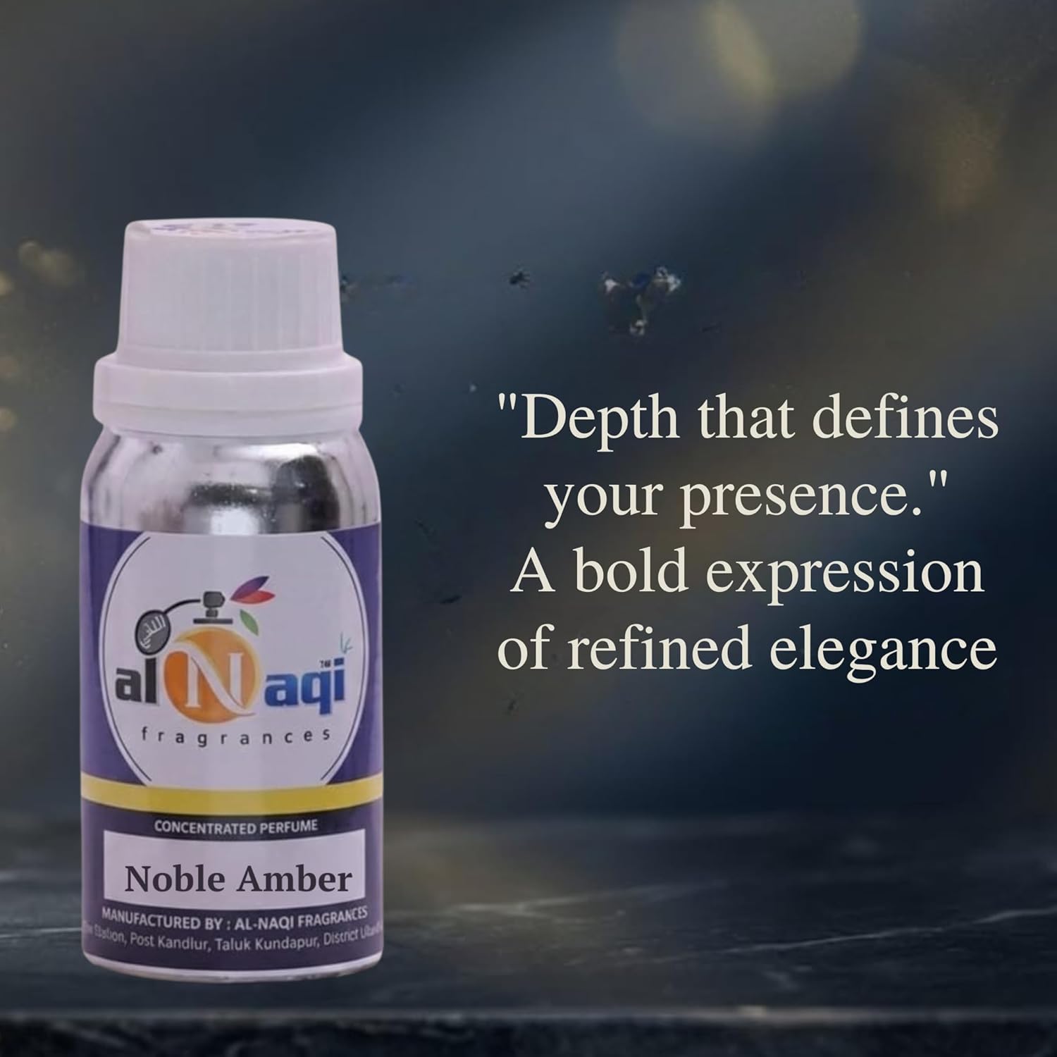 Bottle of Noble Amber perfume by Al-Naqi with a dark background and text.