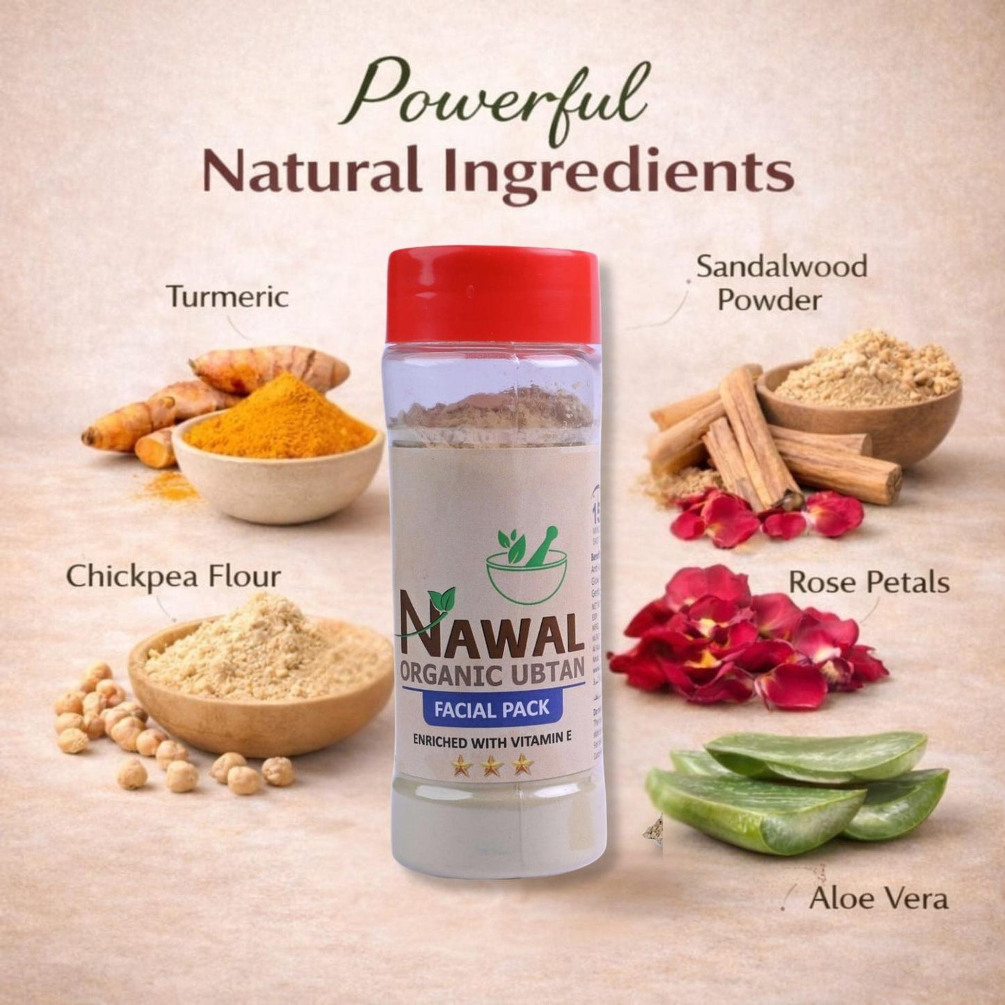 NAWAL Organic Utthan facial pack with natural ingredients like turmeric, sandalwood powder, chickpea flour, rose petals, and aloe vera on a beige background.