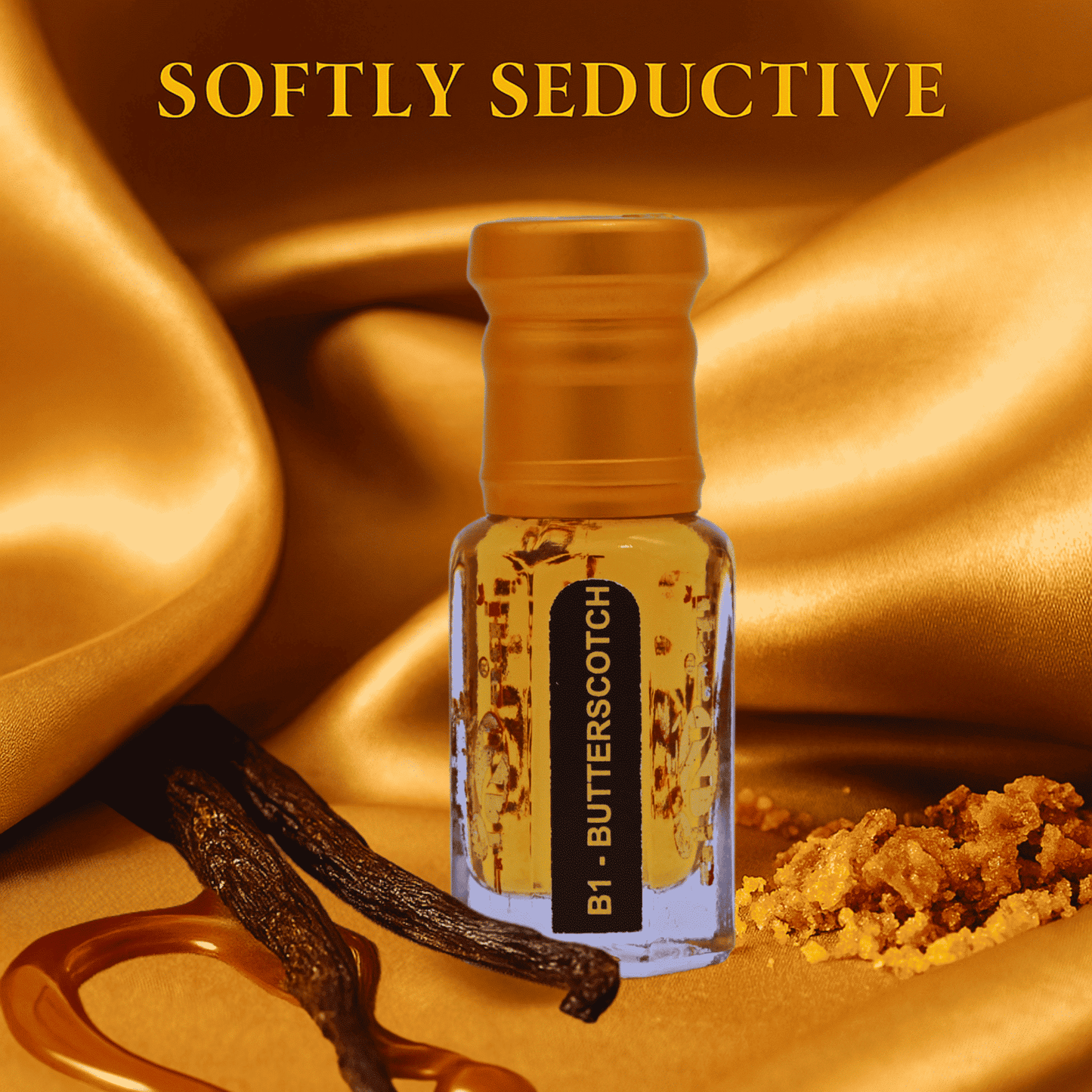 Butterscotch-flavored product with vanilla bean and gold fabric background