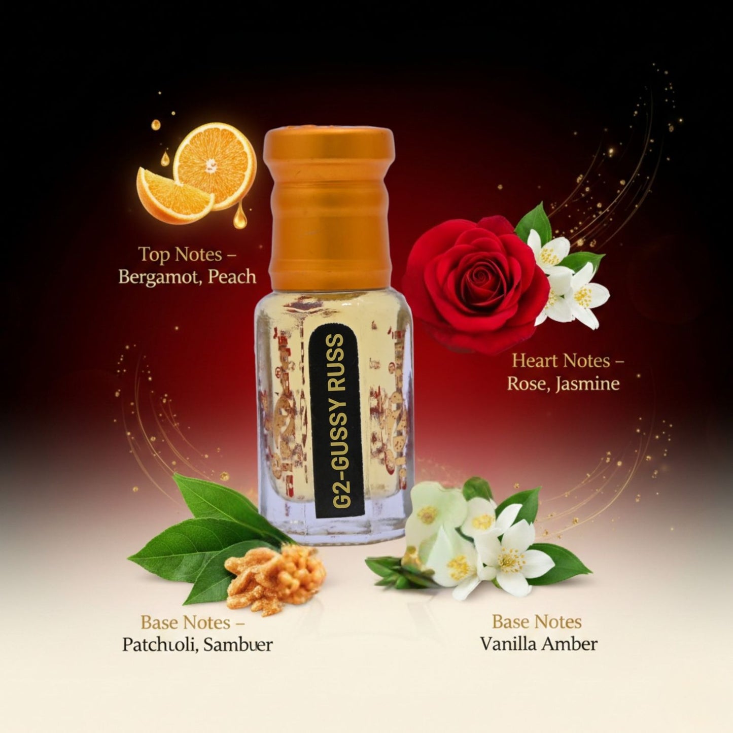Close-up of Alnaqi Gussy Rass Attar showcasing its luxurious packaging.
