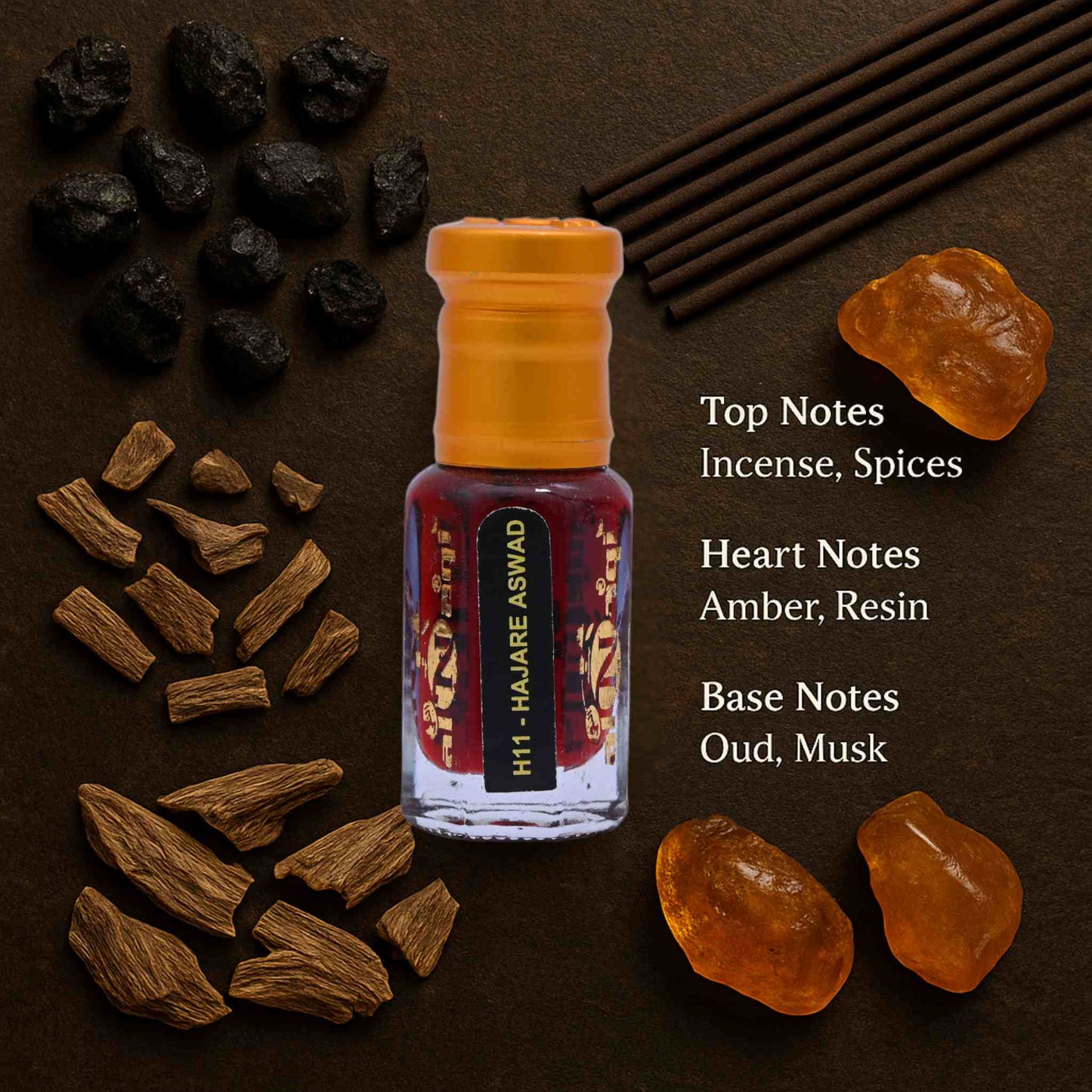 Hajare Aswad perfume bottle with incense sticks, spices, and resins on a dark background