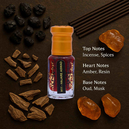 Hajare Aswad perfume bottle with incense sticks, spices, and resins on a dark background