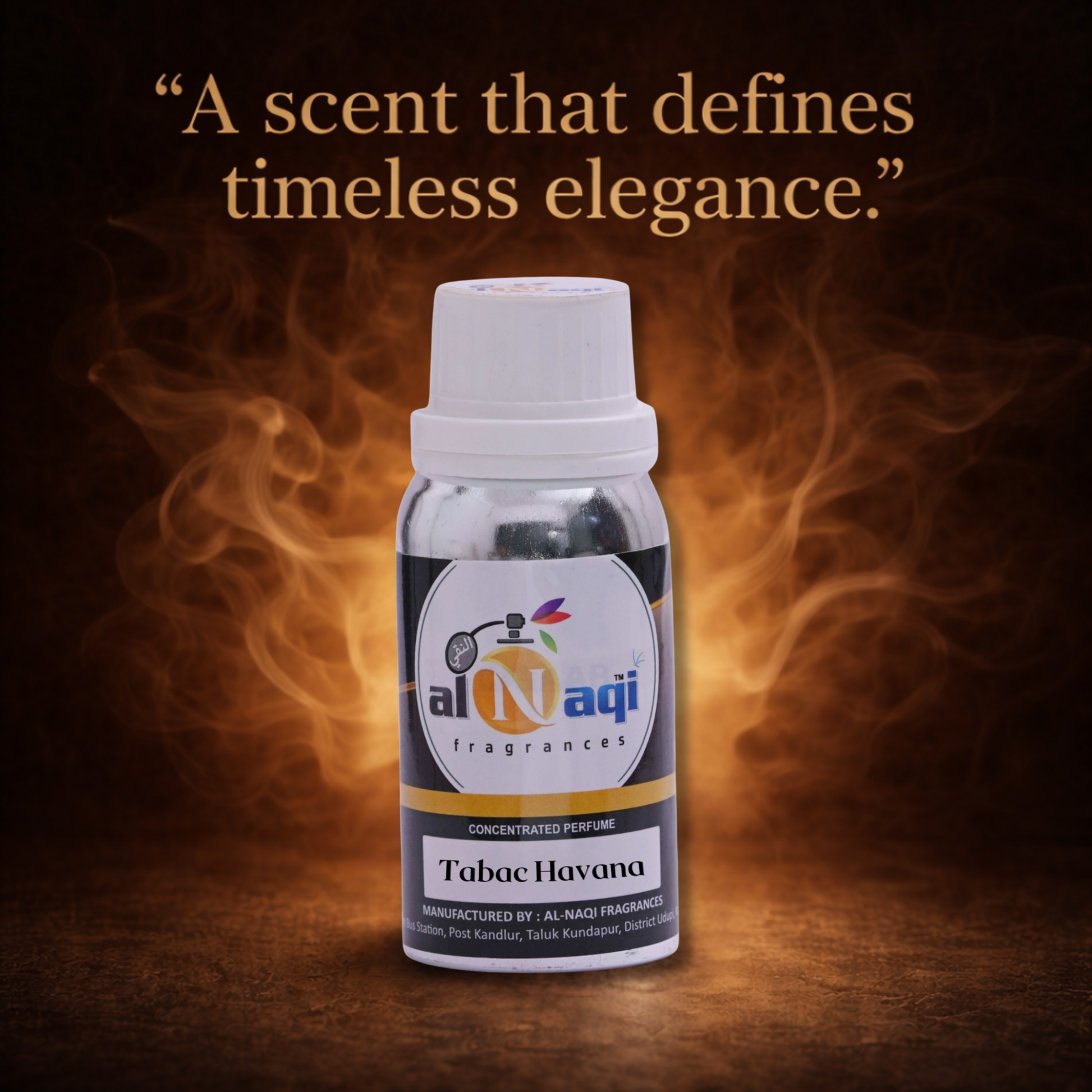 Perfume bottle labeled 'al-Naqi' with text 'A scent that defines timeless elegance' on a dark background.