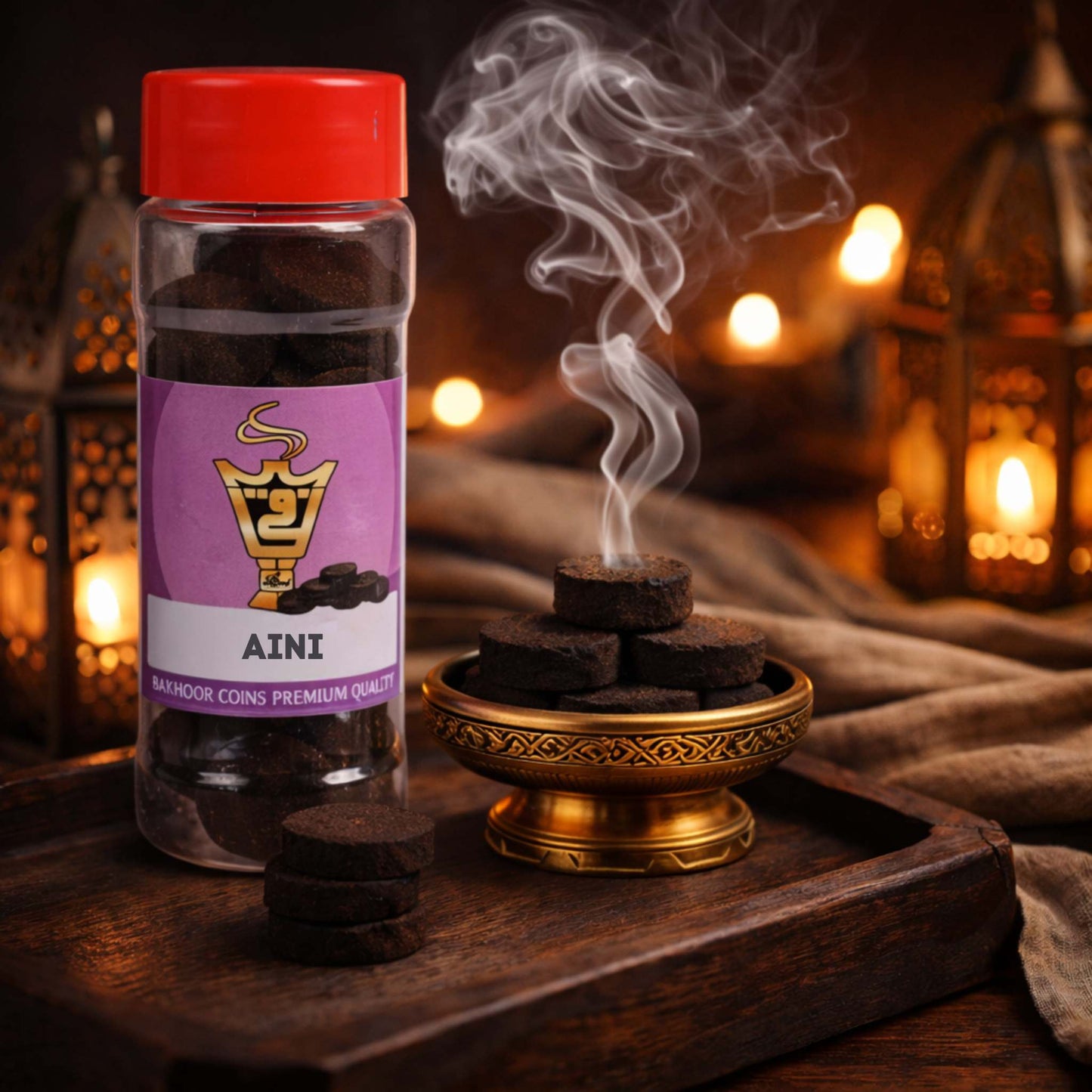 Bottle of AINI incense with smoke on a wooden tray with lanterns in the background