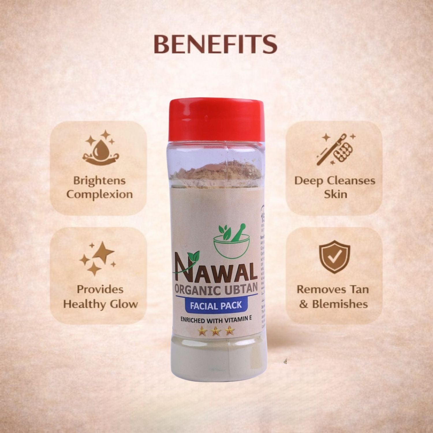 Nawal Organic Urban Facial Pack with benefits listed on a beige background