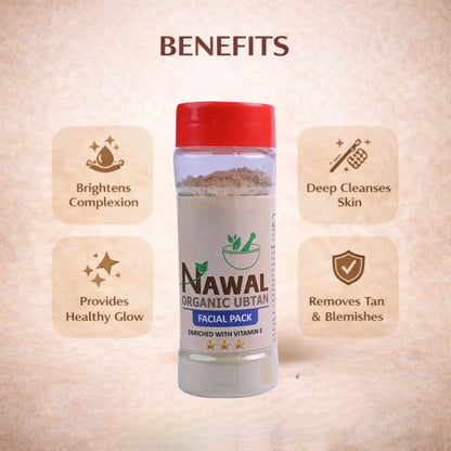 Nawal Organic Urban Facial Pack with benefits listed on a beige background
