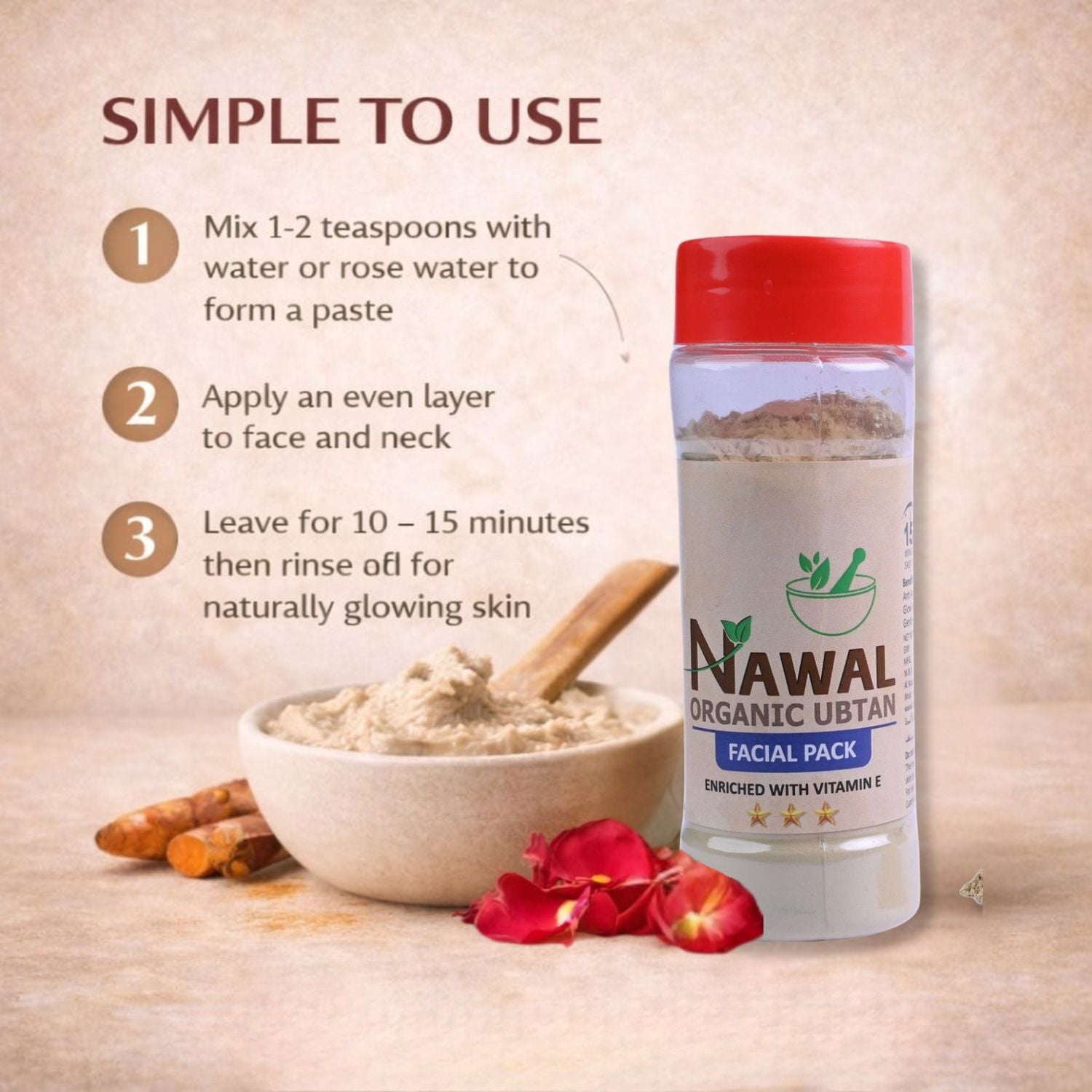 NAWAL Organic Ubtan facial pack with usage instructions on a beige background