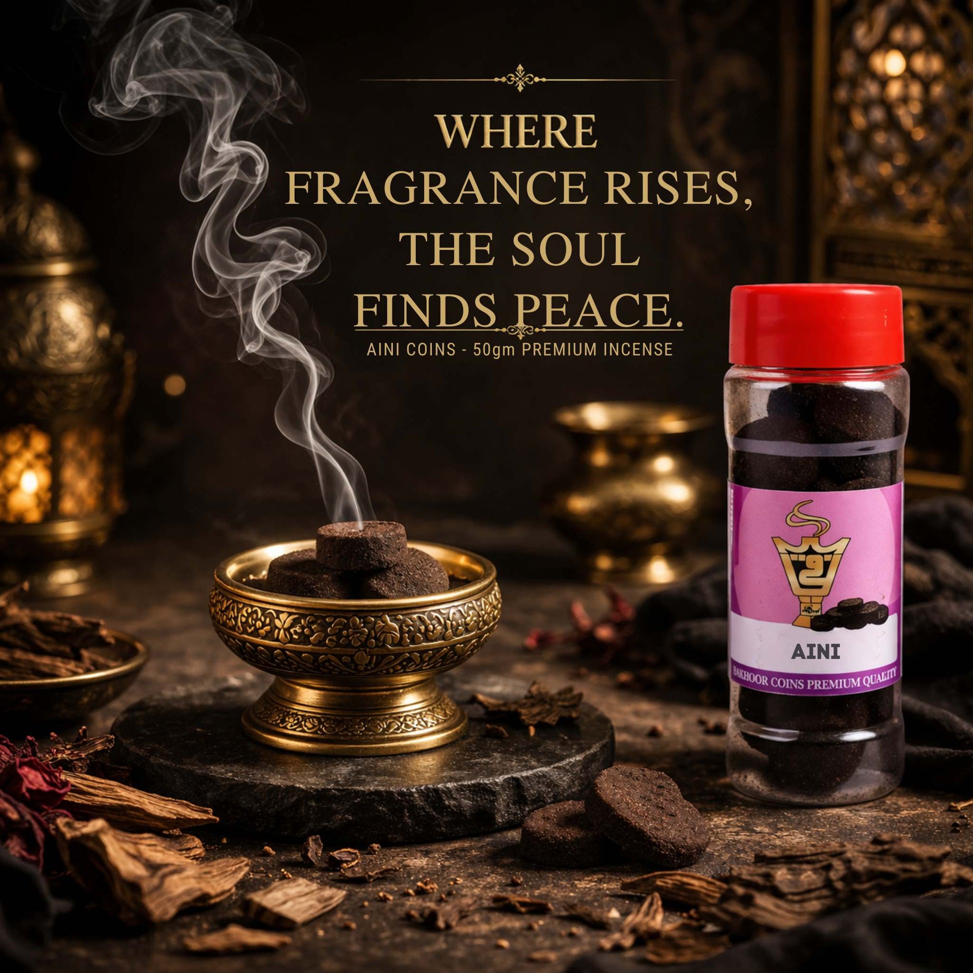 Incense burner with smoke and Aini incense packaging on a dark background