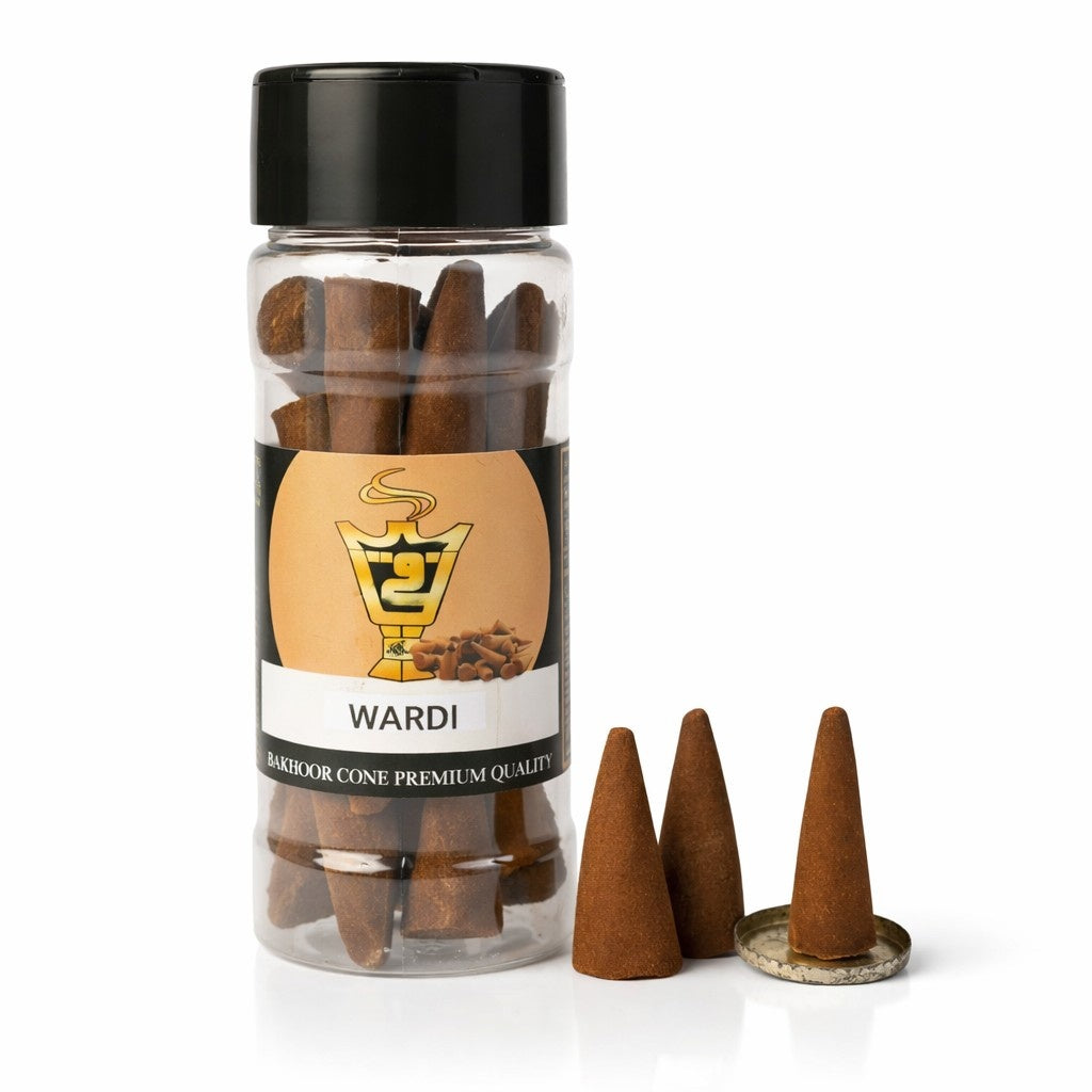 Bottle of WARDI incense cones with three cones displayed in front on a white background