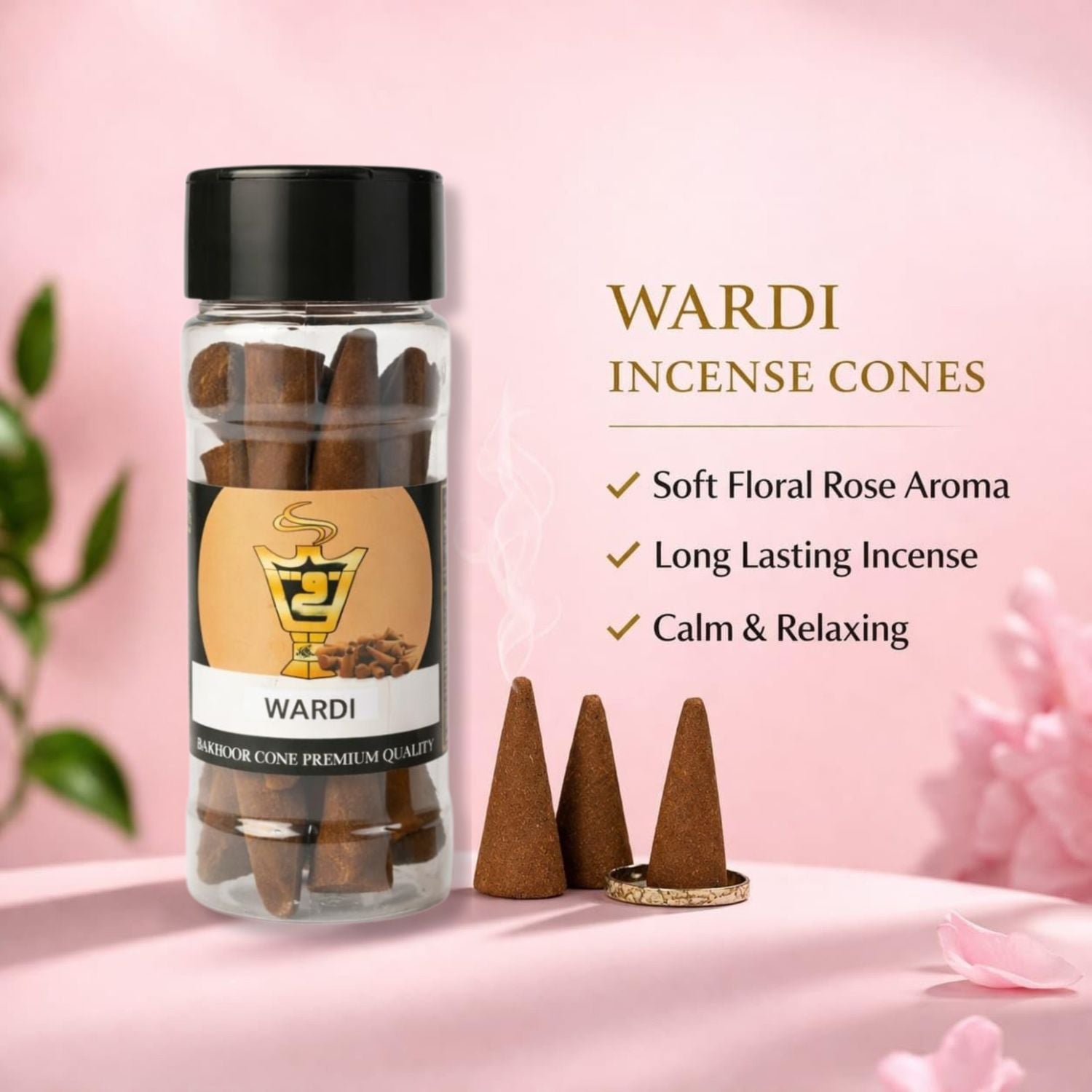 Bottle of Wardi incense cones with product details on a pink background