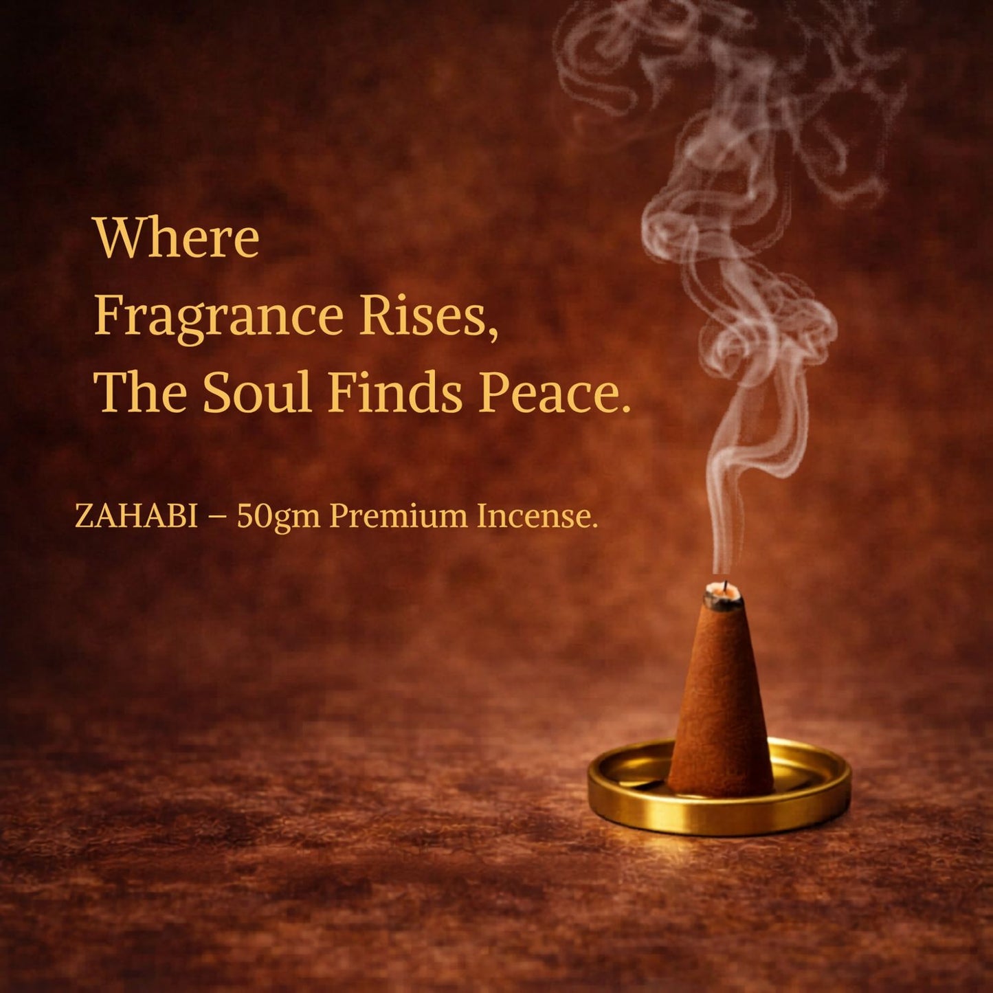 Incense cone with smoke on a brown background with text about incense and peace.