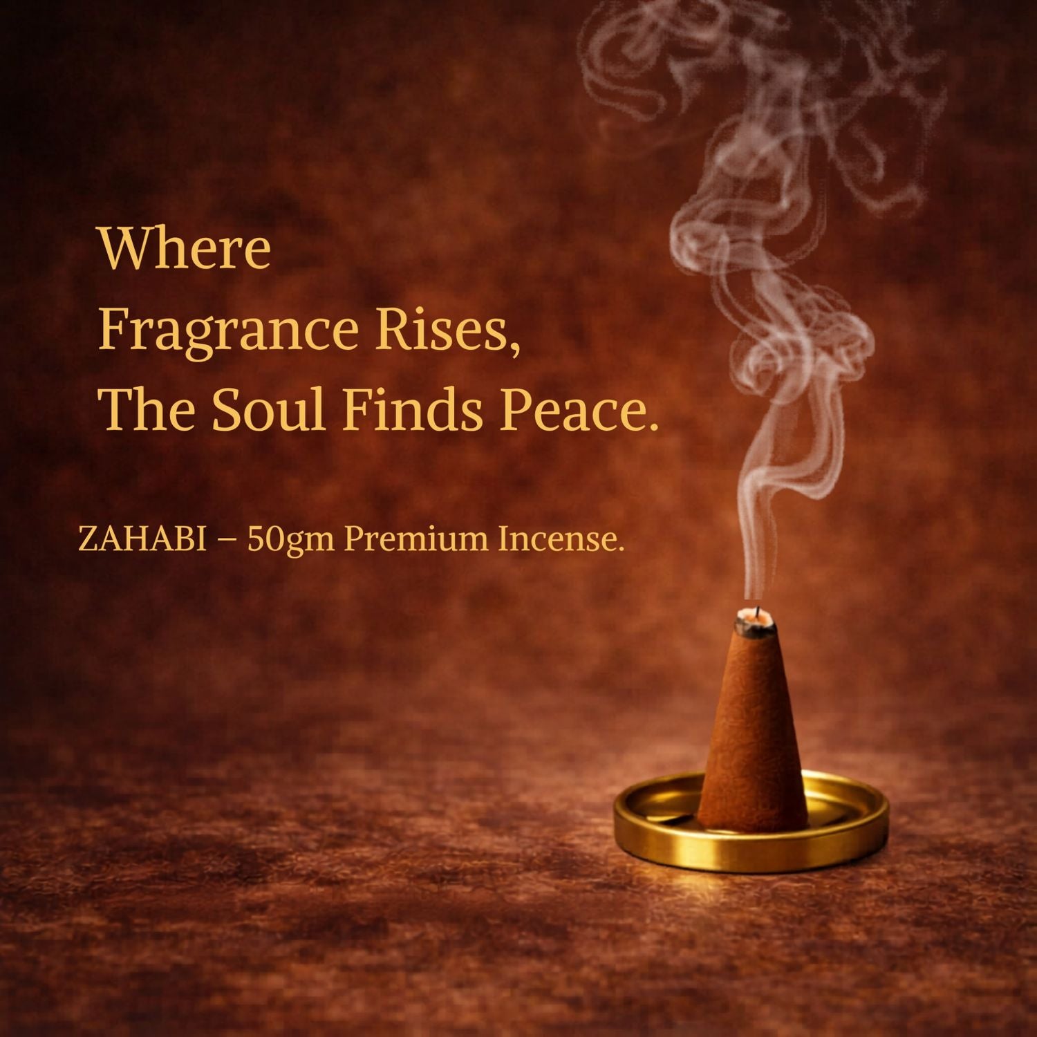 Incense cone with smoke on a brown background with text about incense and peace.