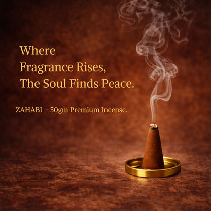 Incense cone with smoke on a brown background with text about incense and peace.