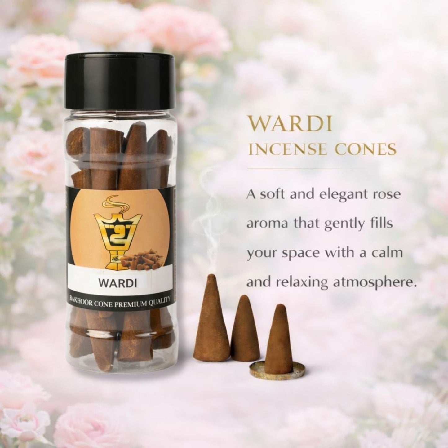 Bottle of WARDI incense cones with cones on a soft floral background