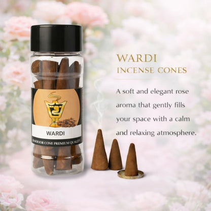 Bottle of WARDI incense cones with cones on a soft floral background