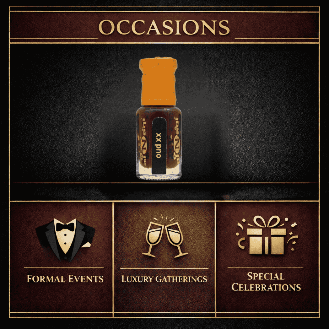 Small bottle with orange cap on a dark background, featuring text about product attributes.