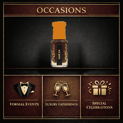 Small bottle with orange cap on a dark background, featuring text about product attributes.