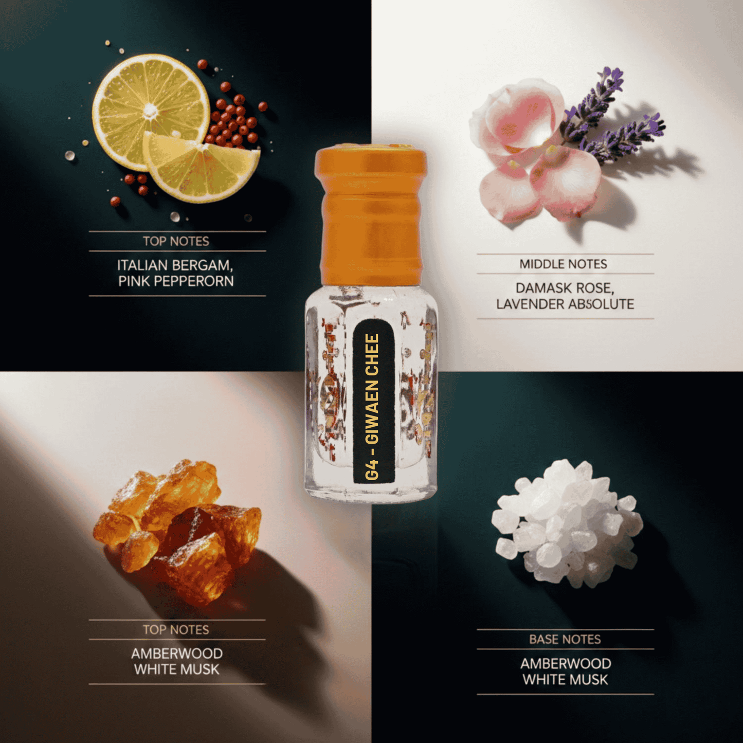 Close-up of citrus fruits, jasmine flowers, and oud wood