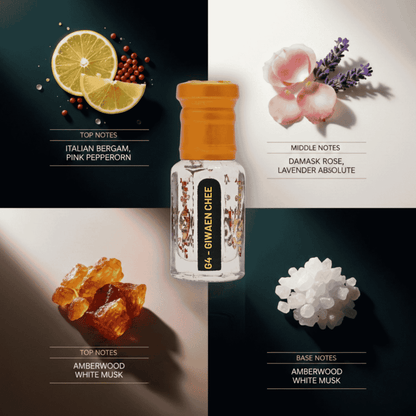 Close-up of citrus fruits, jasmine flowers, and oud wood