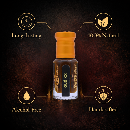 Detailed shot of Alnaqi Oud XX Essence label
