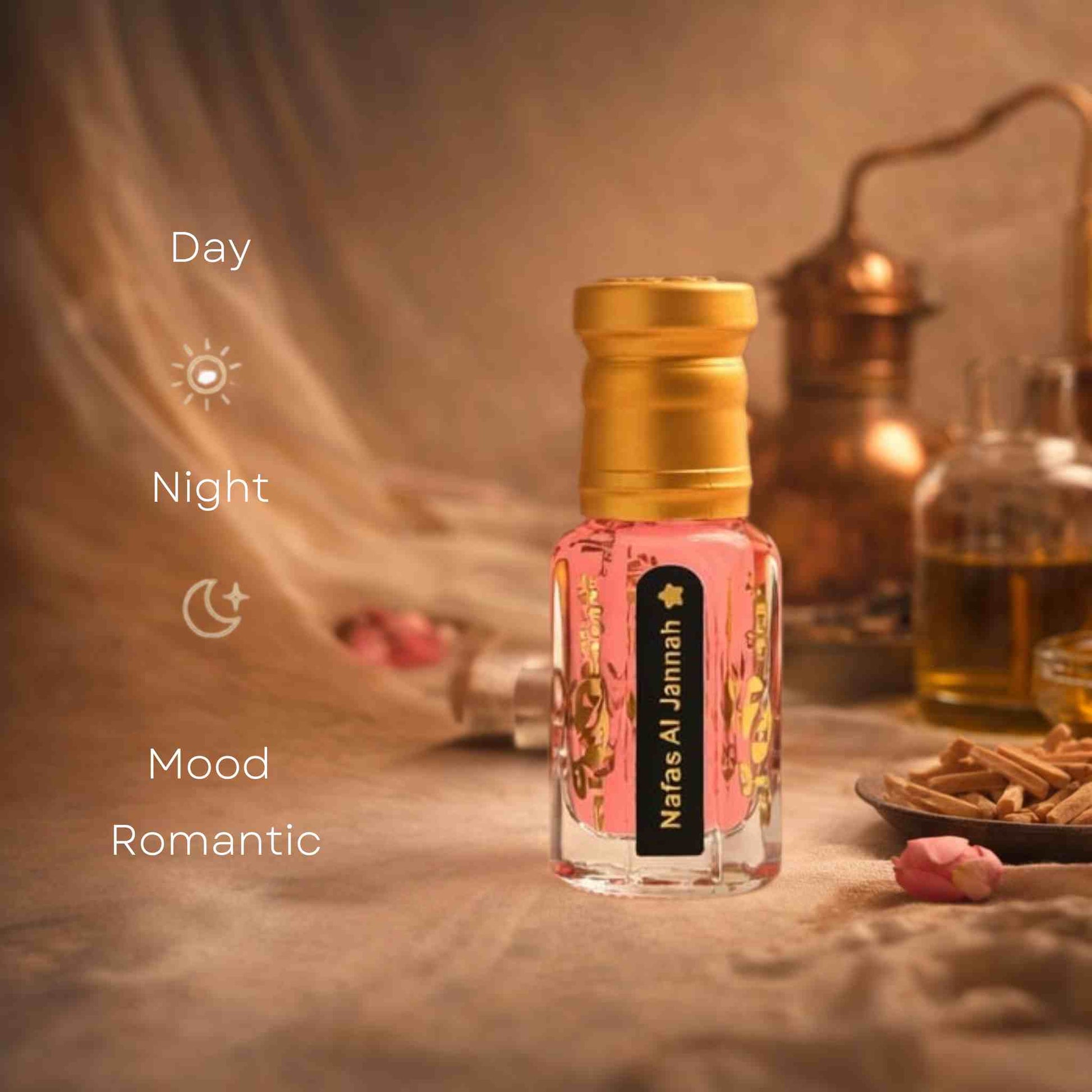 Perfume bottle with gold cap on a textured surface with decorative elements