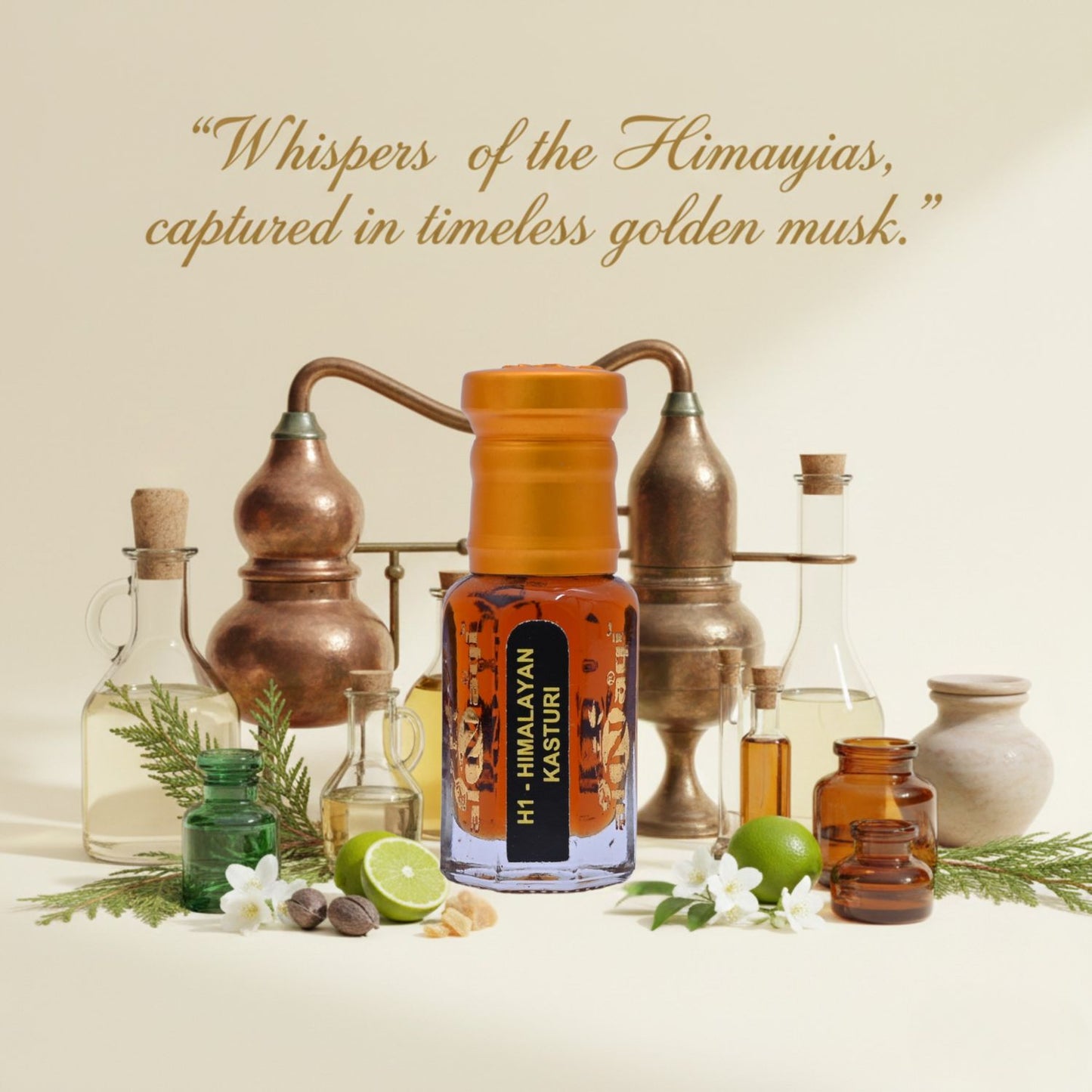 Himalayan Kasturi Attar displayed with natural wood and floral