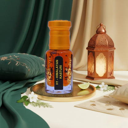 Hand applying Himalayan Kasturi Attar to the neck for an elegant