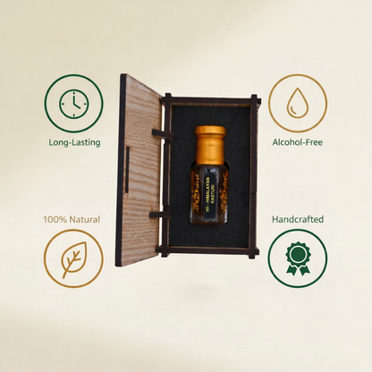 Luxurious packaging of Himalayan Kasturi Attar with a mountain-inspired design