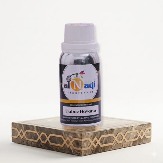 Bottle of Tabac Havana perfume by Al-Naqi on a decorative stand with a white background