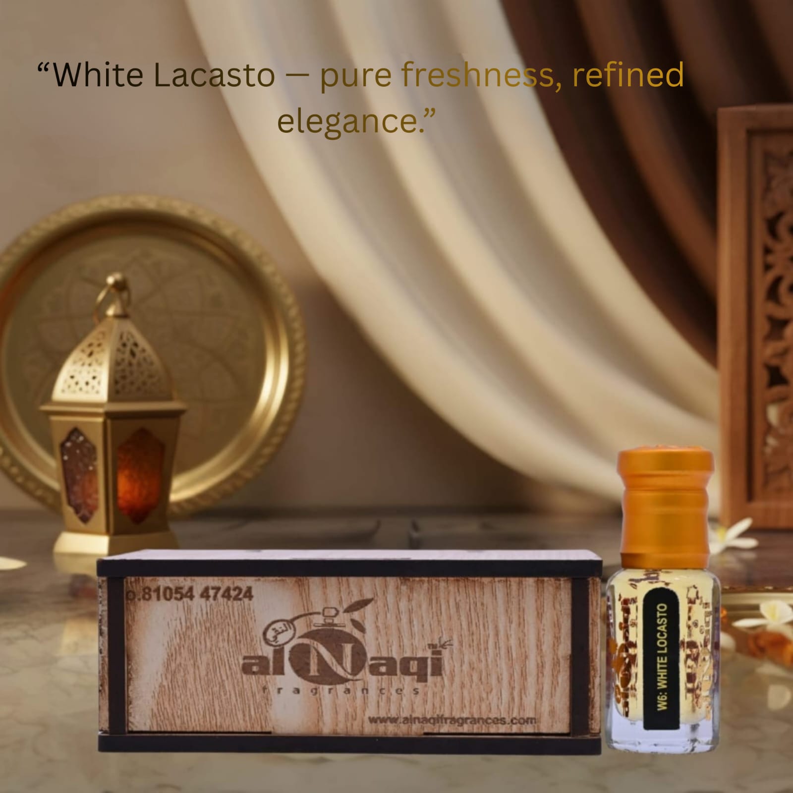 White Locasto Attar perfume oil bottle with elegant white and silver design
