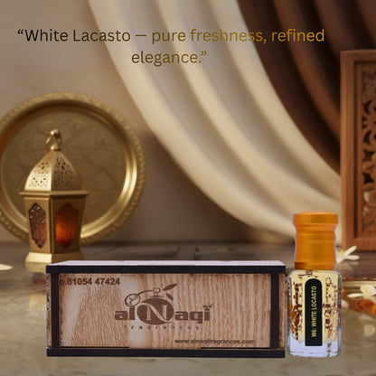 White Locasto Attar perfume oil bottle with elegant white and silver design