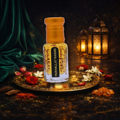 Person applying attar to the wrist with text on how to apply it.