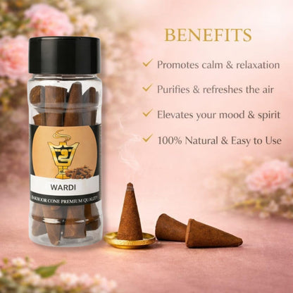 Jar of Wardi incense cones with benefits listed on a blurred floral background