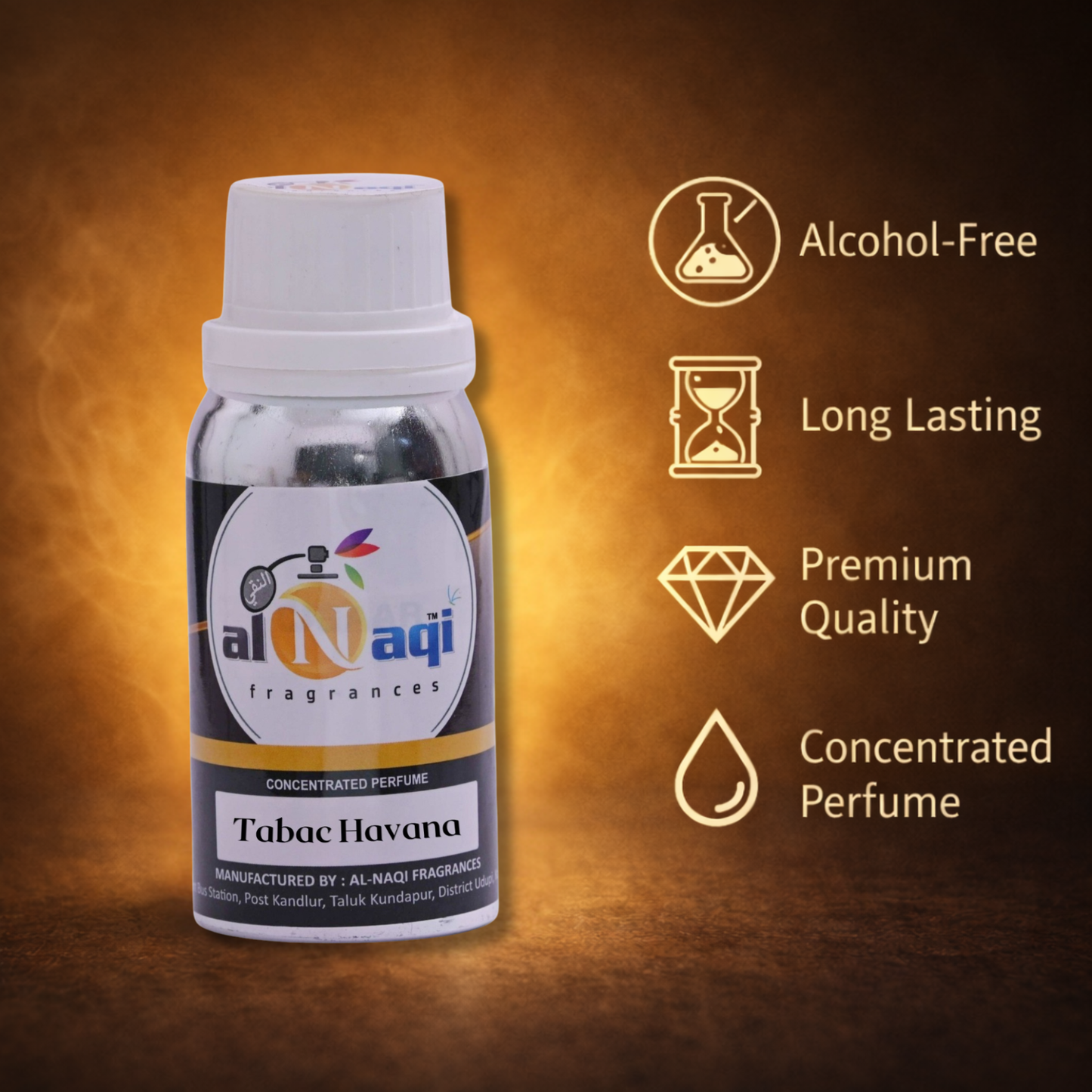 Bottle of Tabac Havana perfume by al-Naqi fragrances with product features on a brown background