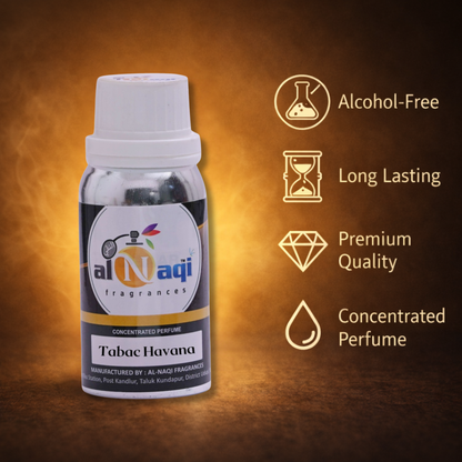 Bottle of Tabac Havana perfume by al-Naqi fragrances with product features on a brown background